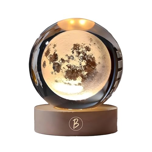 BTfash 3D Moon Ball Night Lamp, Creative Engraved Table LED Light with Woodern Base for Home Office Decoration Birthday Gift - Image 1