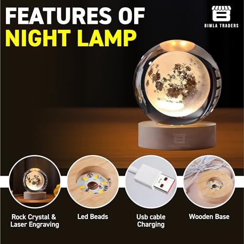 BTfash 3D Moon Ball Night Lamp, Creative Engraved Table LED Light with Woodern Base for Home Office Decoration Birthday Gift - Image 5