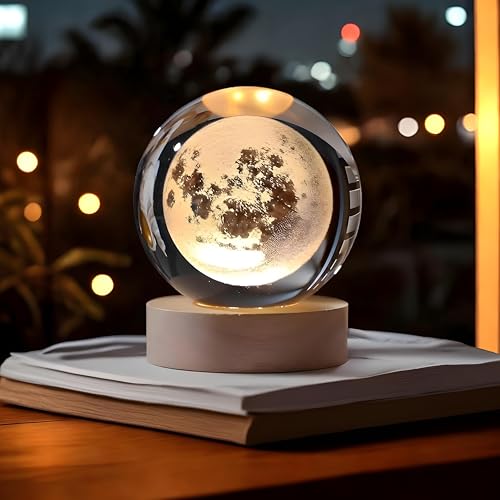 BTfash 3D Moon Ball Night Lamp, Creative Engraved Table LED Light with Woodern Base for Home Office Decoration Birthday Gift - Image 2