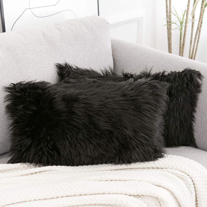 SET OF 2 LUMBAR BLACK DECORATIVE PILLOW COVERS NEW LUXURY SERIES MERINO STYLE FAUX FUR FLUFFY THROW PILLOW COVERS FUZZY CUSHION CASE 12X20 INCH