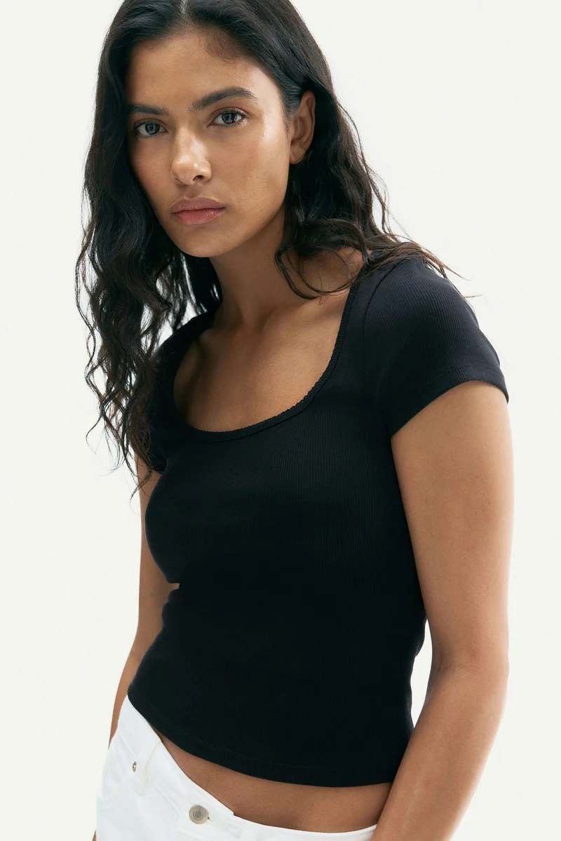 H&M Picot-trimmed ribbed T-shirt