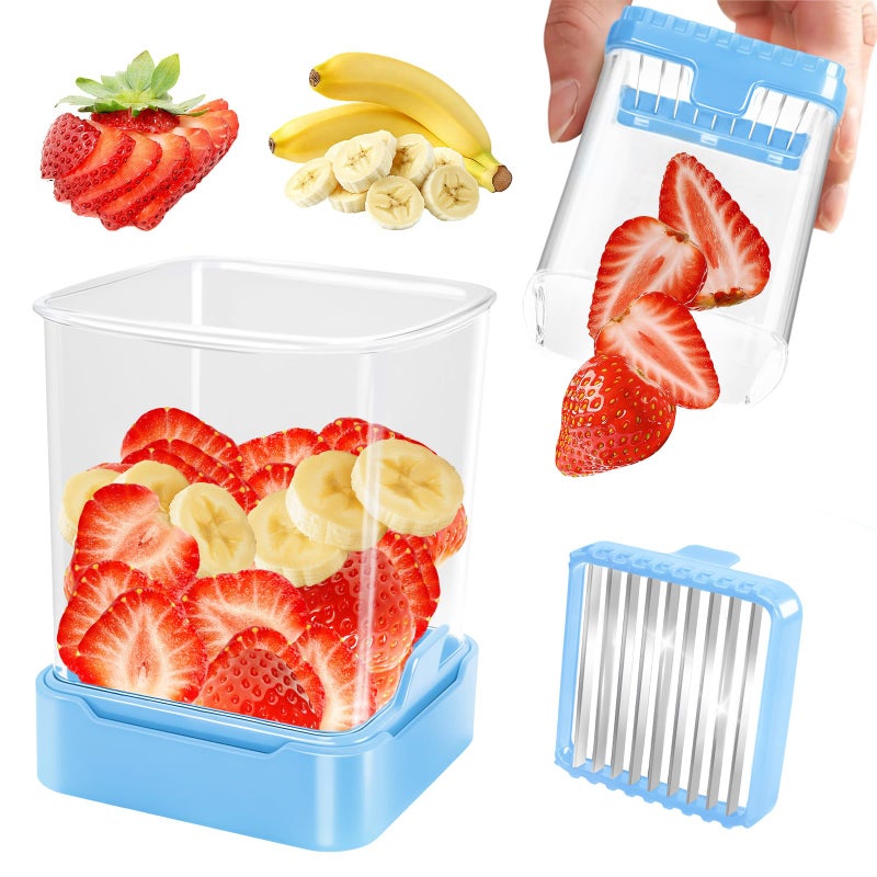 GENGCANG Fruit Slicer Cup for Strawberry, Banana, Hard-Boiled Egg - Detachable Cutter with Push Plate - Rapid & Safe Slicing Kitchen Gadget for Quick Meal Prep (Blue) - Image 1