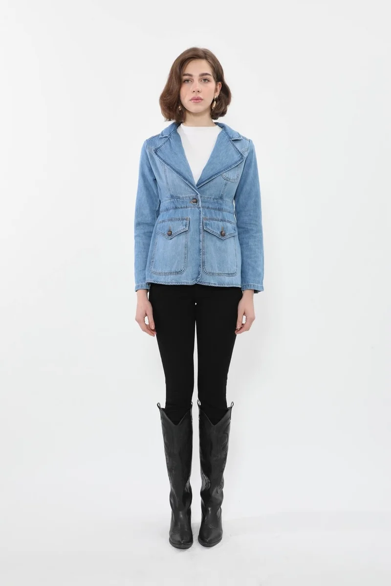 باني جينز Women's Long Sleeve Single Button Jean Jacket Light Blue