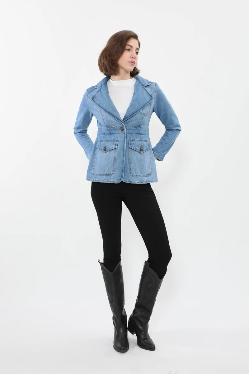 باني جينز Women's Long Sleeve Single Button Jean Jacket Light Blue