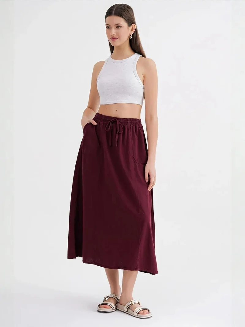 Mixray Burgundy Red Mixray High-Waisted Poplin Skirt with Drawstring Detail for Women | Best Price UAE