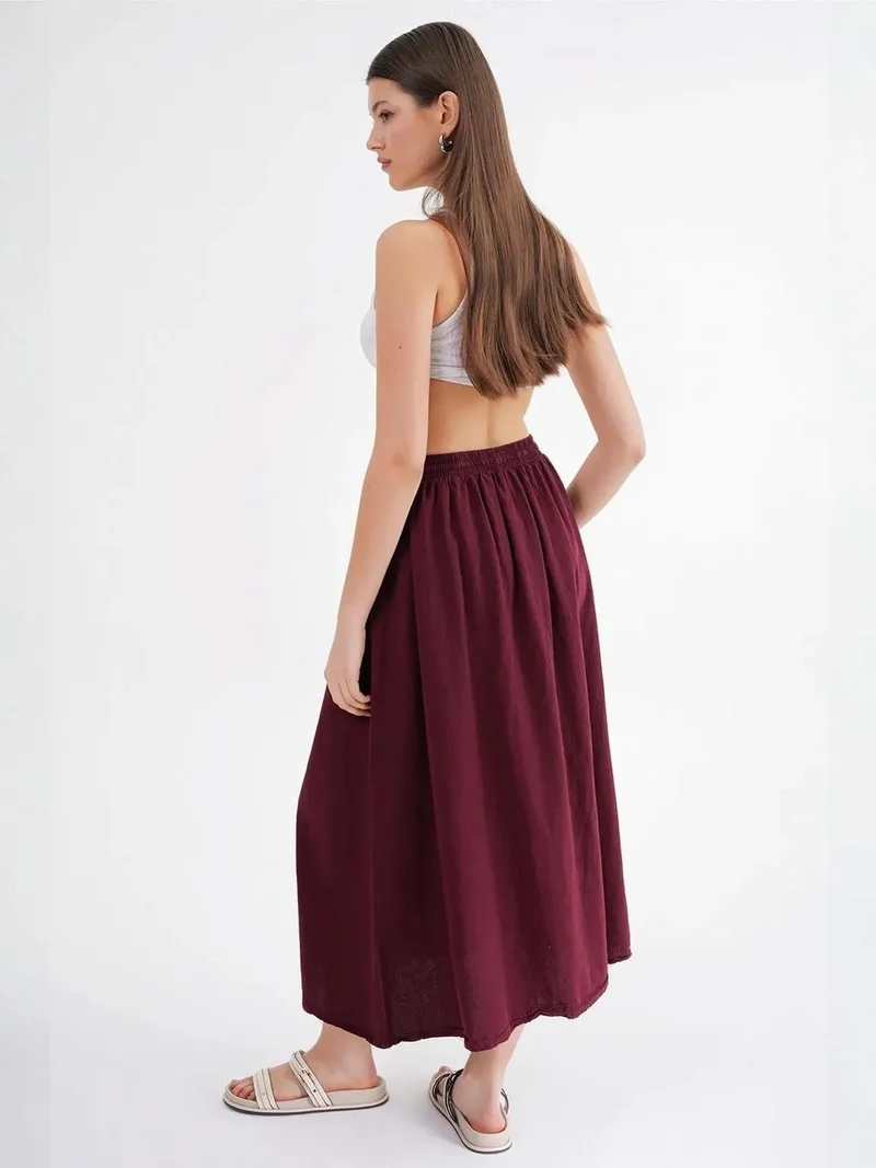 Mixray Burgundy Red Mixray High-Waisted Poplin Skirt with Drawstring Detail for Women | Best Price UAE