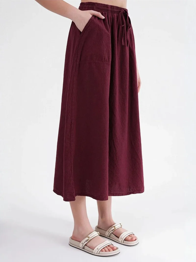 Mixray Burgundy Red Mixray High-Waisted Poplin Skirt with Drawstring Detail for Women | Best Price UAE