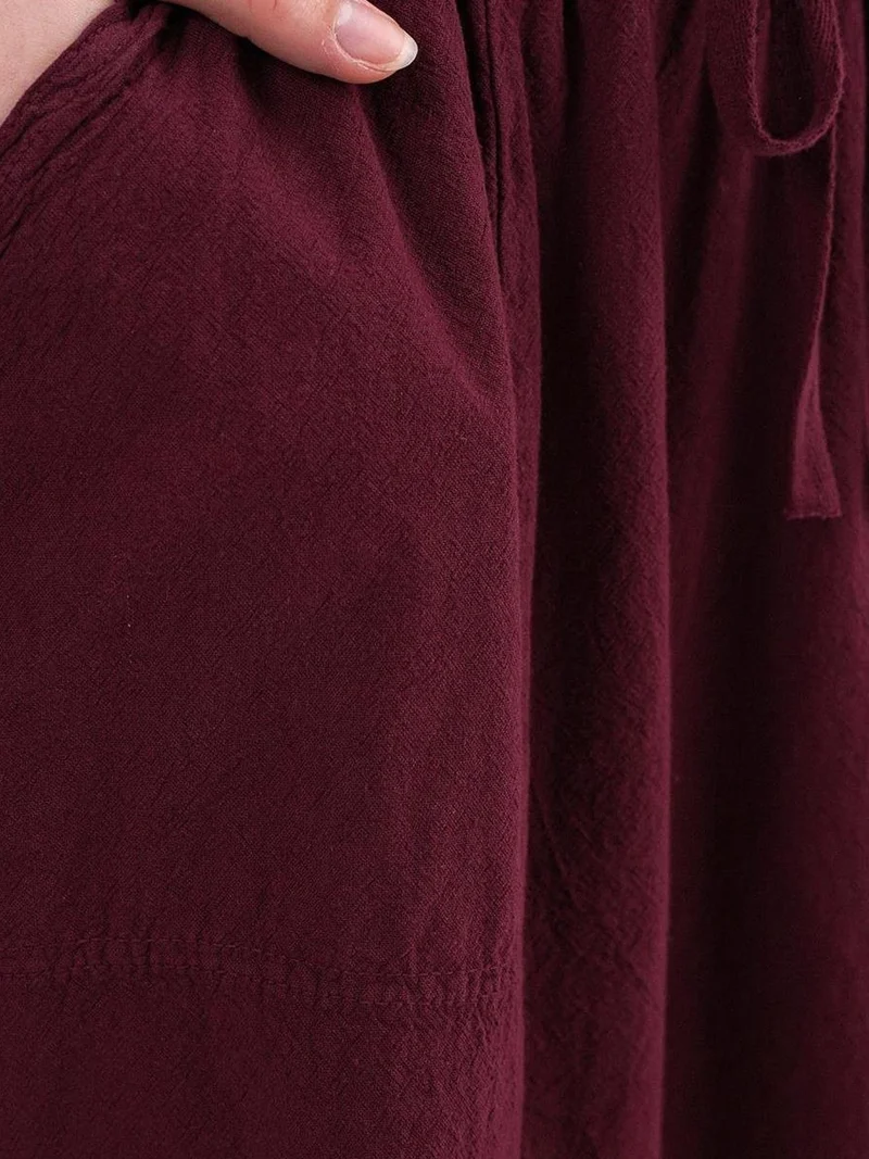 Mixray Burgundy Red Mixray High-Waisted Poplin Skirt with Drawstring Detail for Women | Best Price UAE