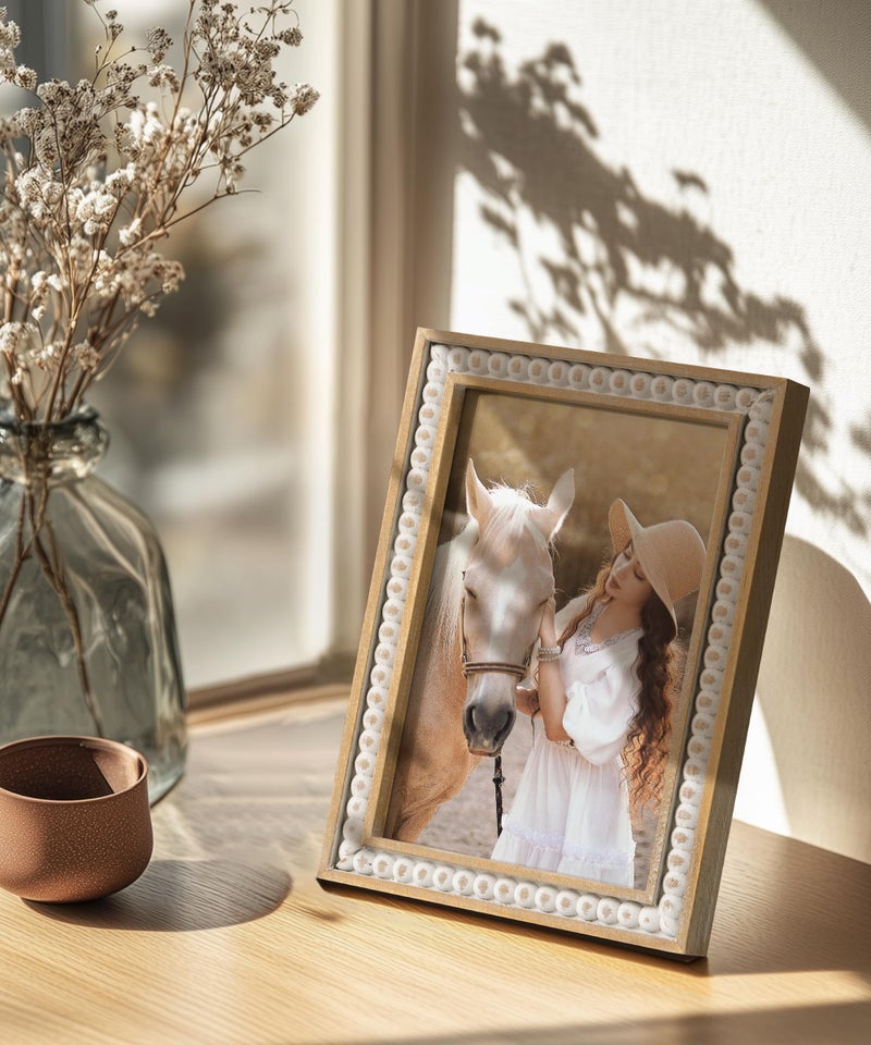 SUMGAR 4x6 Picture Frame 6x4 Photo Frame White Wood Farmhouse Boho Wall Mounted with Shabby Chic Decorative Distressed Pine Beads Decor for Desk Birthday Gifts for Christmas Mom Woman Grandma - Image 2