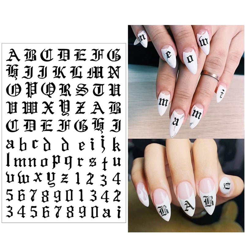 FUMIHIT Letter Nail Art Stickers Number Nail Decals Nail Art Supplies Old English Alphabet Nail Sticker Designs Holographic English Font Letters Stickers for Acrylic Nails Decorations (8 Sheets) - Image 5