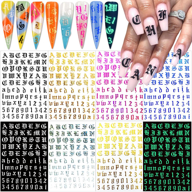 FUMIHIT Letter Nail Art Stickers Number Nail Decals Nail Art Supplies Old English Alphabet Nail Sticker Designs Holographic English Font Letters Stickers for Acrylic Nails Decorations (8 Sheets) - Image 1