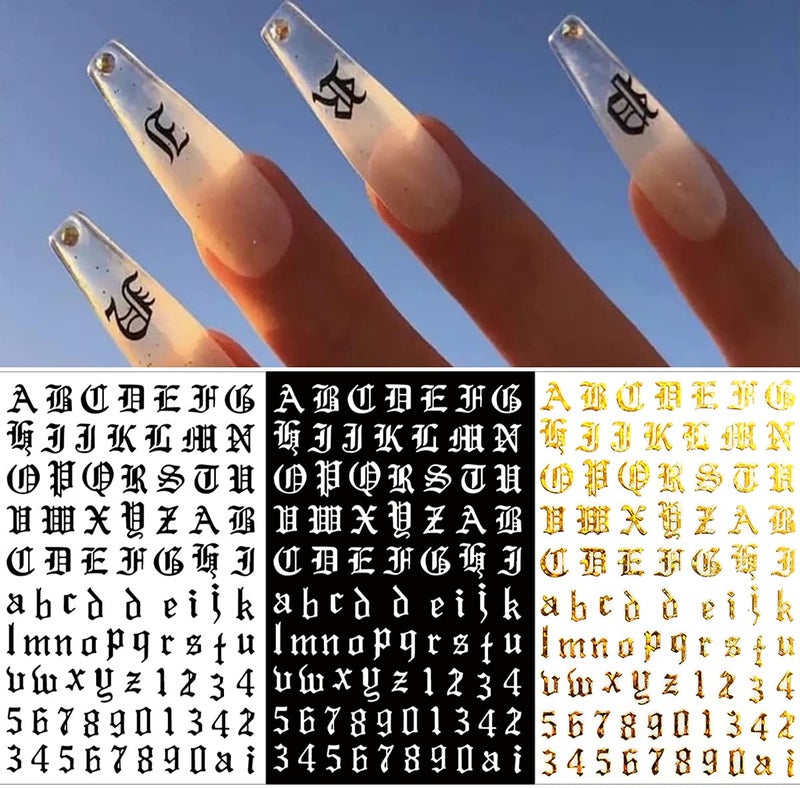 FUMIHIT Letter Nail Art Stickers Number Nail Decals Nail Art Supplies Old English Alphabet Nail Sticker Designs Holographic English Font Letters Stickers for Acrylic Nails Decorations (8 Sheets) - Image 3