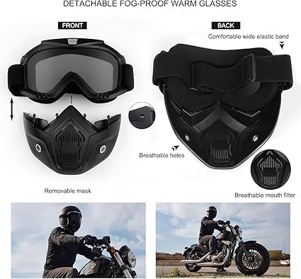 EYUVAA LABEL Motorcycle Goggle Mask, Anti-Scratch UV Protective Helmet Face Mask, Detachable Mouth Filter, Adjustable Strap for Cycling, Dirt Biking, Off-Road Racing (Black) (Pack of 1) - Image 3