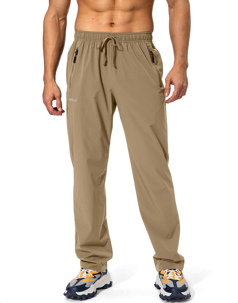 Pudolla Men's Workout Athletic Pants Elastic Waist Jogging Running Pants for Men with Zipper Pockets (Dark Khaki Large) - Image 2