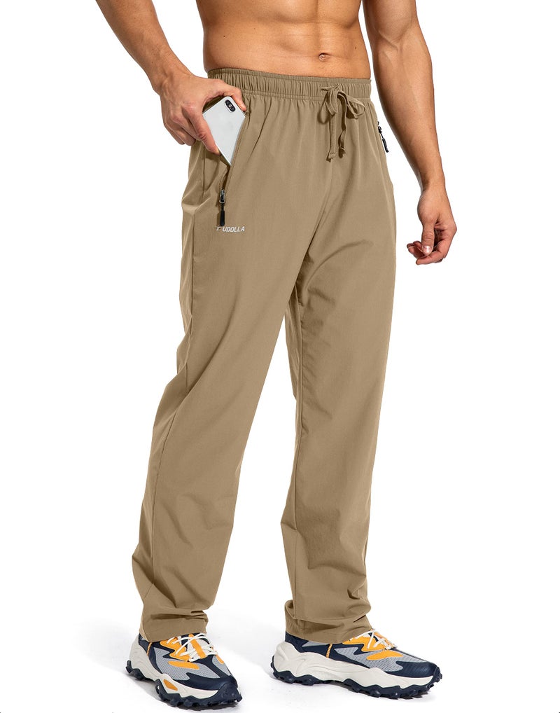 Pudolla Men's Workout Athletic Pants Elastic Waist Jogging Running Pants for Men with Zipper Pockets (Dark Khaki Large) - Image 1