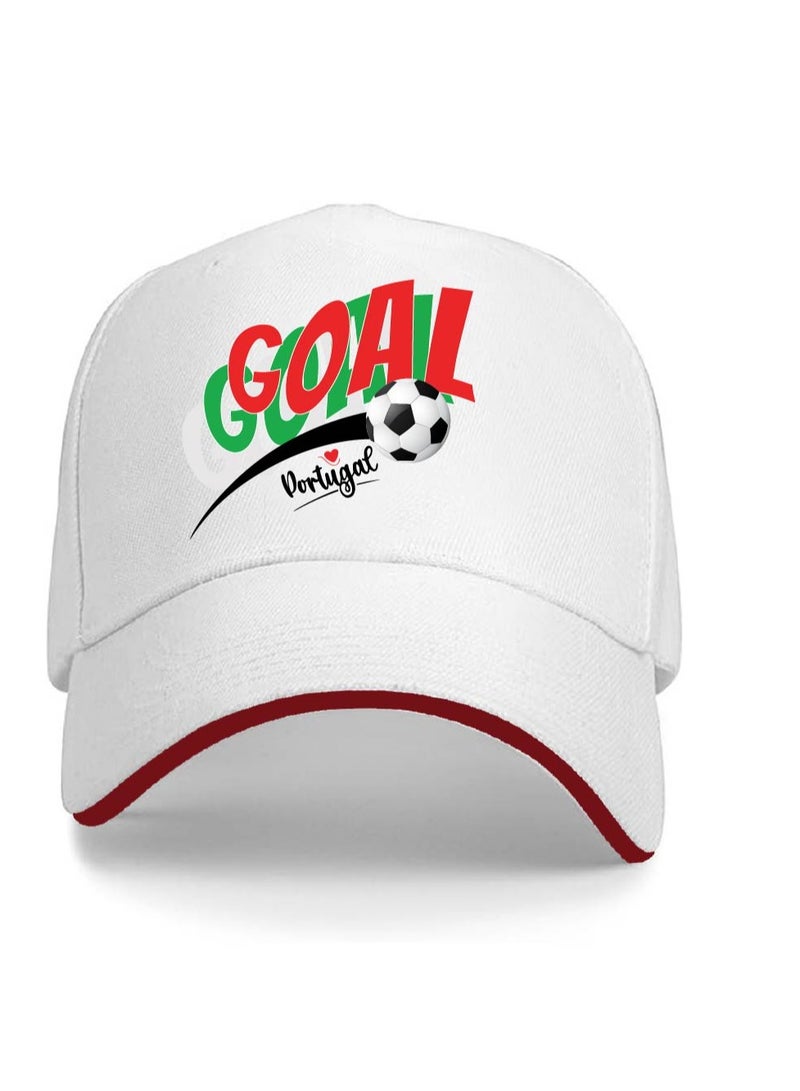 PRINTSHOP4ME Portugal Unisex Adult Football Cap – Adjustable Buckle Closure Sports Hat For Men And Women – White Cap With "Goal" Print – Ideal For Match Days, Outdoor Activities, And Daily Wear - Image 1