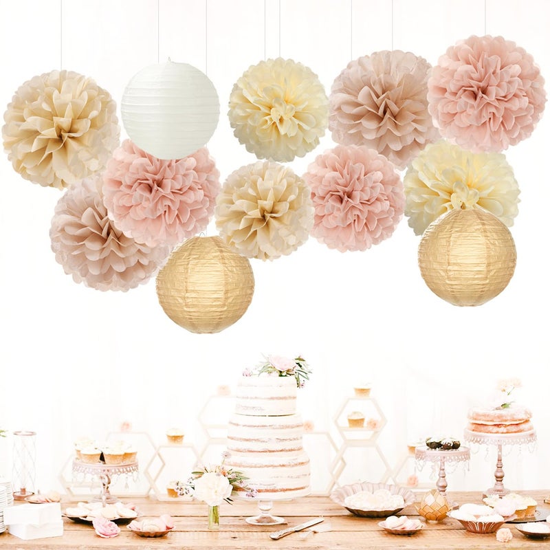 Hugfond Champagne-Gold White Party-Decorations Paper-Flowers Lanterns - 15PCS Boho Fall Rustic Tissue Pom Poms Streamers,Wedding Baby Bridal Shower Neutral Autumn Birthday Hanging Supplies Decor Hugfond - Image 3