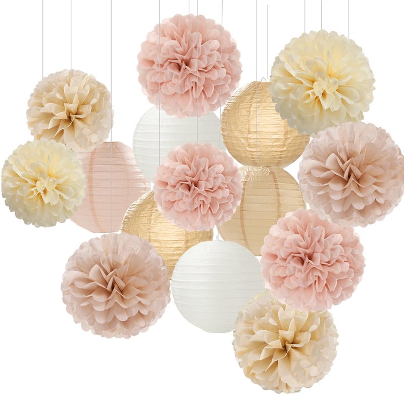 Hugfond Champagne-Gold White Party-Decorations Paper-Flowers Lanterns - 15PCS Boho Fall Rustic Tissue Pom Poms Streamers,Wedding Baby Bridal Shower Neutral Autumn Birthday Hanging Supplies Decor Hugfond - Image 1