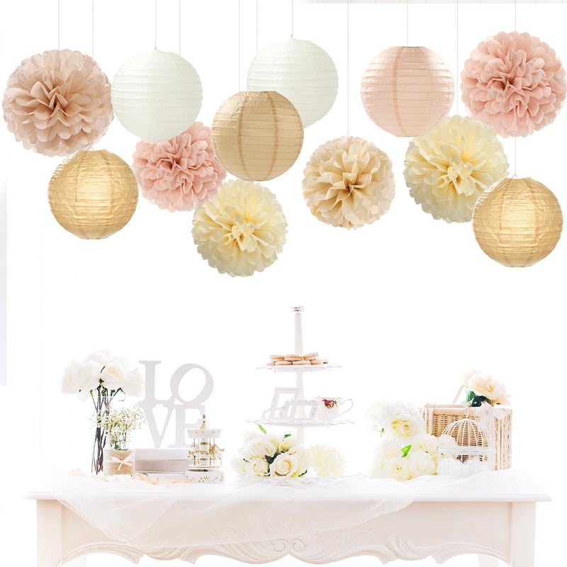 Hugfond Champagne-Gold White Party-Decorations Paper-Flowers Lanterns - 15PCS Boho Fall Rustic Tissue Pom Poms Streamers,Wedding Baby Bridal Shower Neutral Autumn Birthday Hanging Supplies Decor Hugfond - Image 2