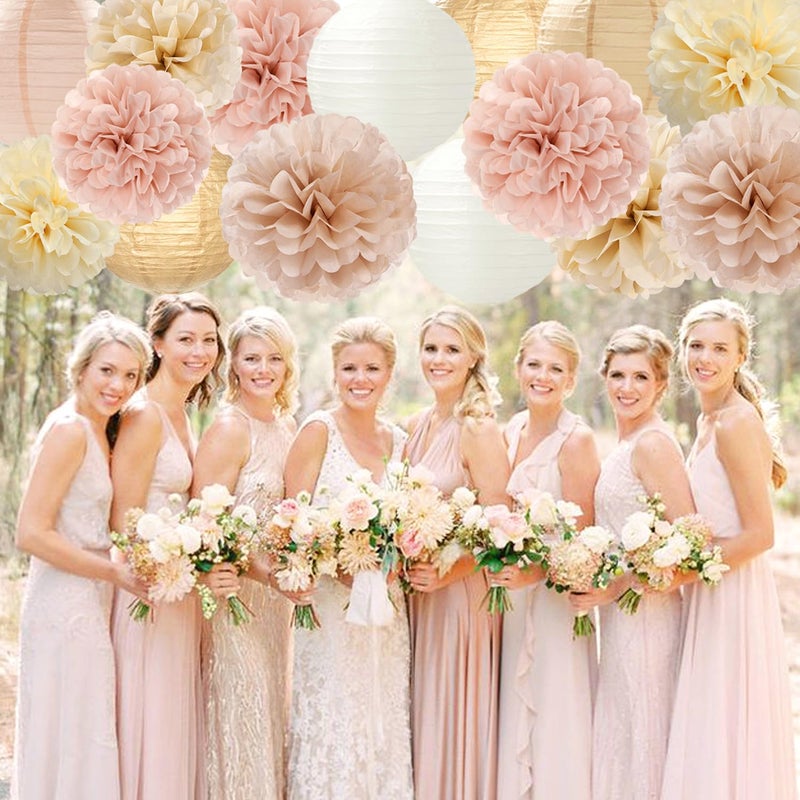Hugfond Champagne-Gold White Party-Decorations Paper-Flowers Lanterns - 15PCS Boho Fall Rustic Tissue Pom Poms Streamers,Wedding Baby Bridal Shower Neutral Autumn Birthday Hanging Supplies Decor Hugfond - Image 4
