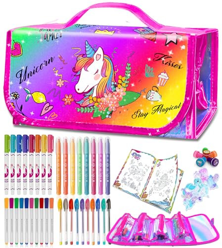 weirtoya 56 PCS Washable Scented Markers with Glitter Pencil Case Mermaid Unicorn Arts and Crafts for kids 468 Kids Coloring Drawing Kits for 48 Years Old Girls Xmas Gifts Stocking Stuffers - Image 1
