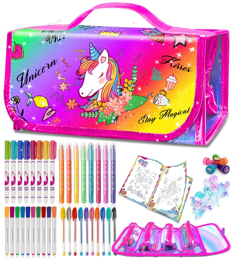 weirtoya 56 PCS Washable Scented Markers with Glitter Pencil Case Mermaid Unicorn Arts and Crafts for kids 468 Kids Coloring Drawing Kits for 48 Years Old Girls Xmas Gifts Stocking Stuffers - Image 2