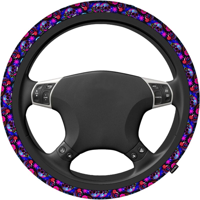 Swono Sugar Skull Steering Wheel Cover Abstract Purple Sugar Skull and Paisley Flower Skull Anti-Slip Car Wheel Wrap Compatible with Most Auto Cars Trucks with 15 Inch Steering Wheels - Image 2