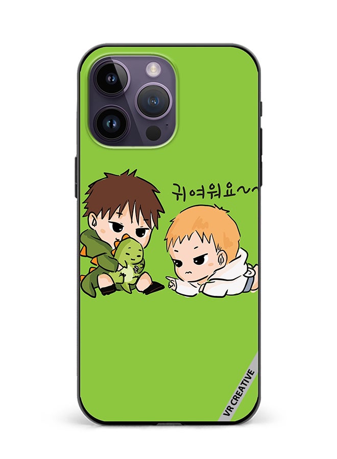 VR CREATIVE غطاء حماية لجهاز آبل آيفون 16 برو بتصميم أطفال لطيفين يلعبون مع ديناصور متعدد الألوان - Image 1