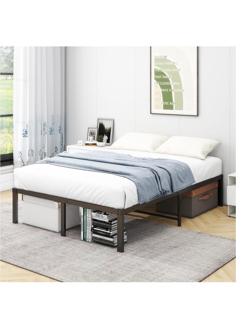 شو وو إطار سرير مزدوج، سرير معدني 200×137 سم، ارتفاع 36 سم مع مساحة تخزين أسفل السرير، إطار سرير معدني مزدوج الحجم مع دعم شرائح فولاذية، سهل التجميع، أسود - Image 3