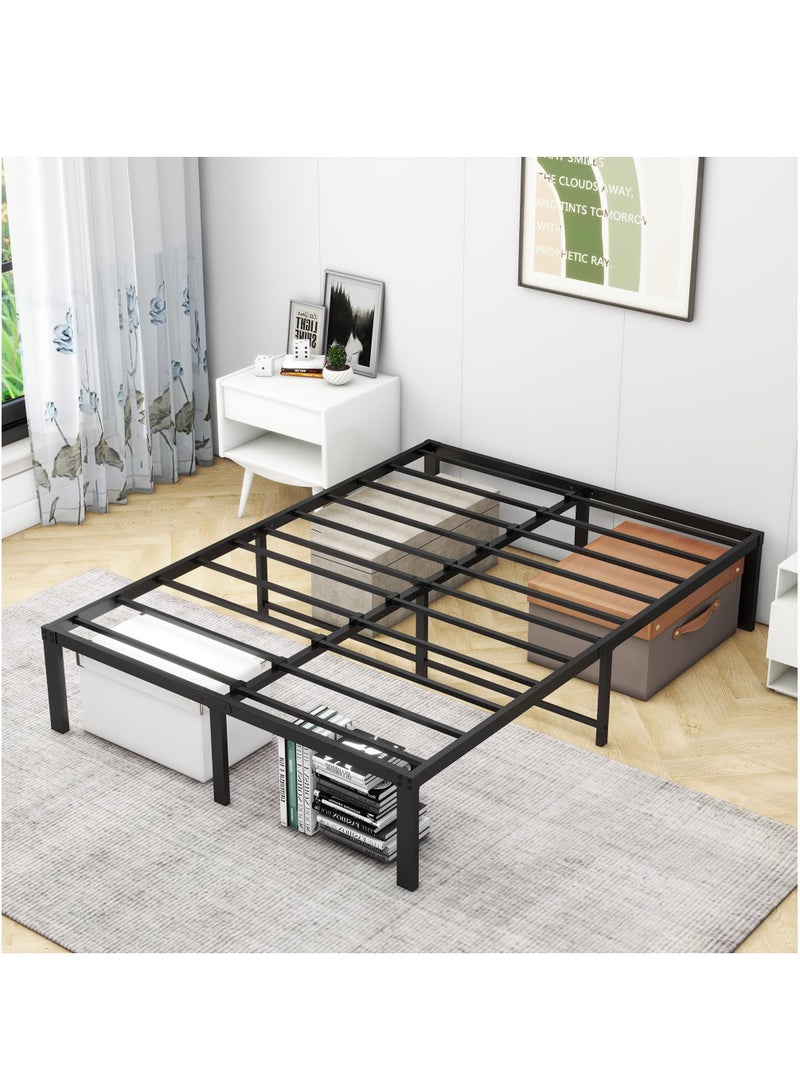 شو وو إطار سرير مزدوج، سرير معدني 200×137 سم، ارتفاع 36 سم مع مساحة تخزين أسفل السرير، إطار سرير معدني مزدوج الحجم مع دعم شرائح فولاذية، سهل التجميع، أسود - Image 2
