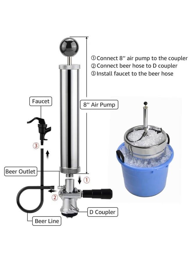 MRbrew Keg Party Pump, American D-System Beer Keg Tap Keg Hand Pump 8'' Picnic Pump with Beer Faucet & Beer Hose, Chrome-Plated Keg Draft Beer Party Pump with 2 Hose Clamps Kegerator Pump for Homebrew - Image 2