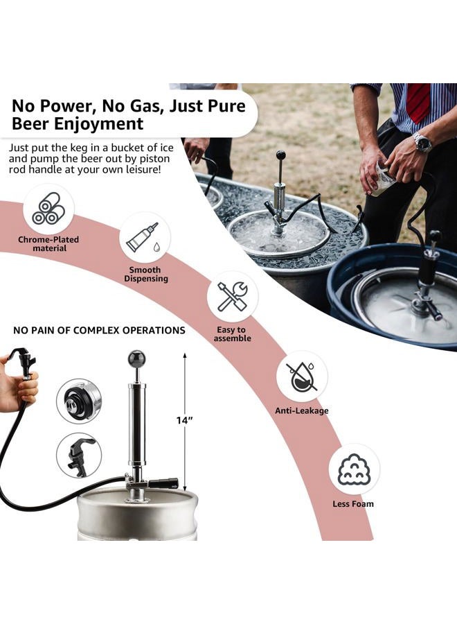 MRbrew Keg Party Pump, American D-System Beer Keg Tap Keg Hand Pump 8'' Picnic Pump with Beer Faucet & Beer Hose, Chrome-Plated Keg Draft Beer Party Pump with 2 Hose Clamps Kegerator Pump for Homebrew - Image 3