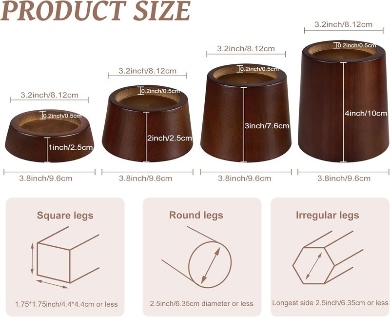 OneDream Wooden Furniture Risers Blocks - 1 inch Set of 4 Bed Risers, Heavy Duty Solid Wood Round Risers, Sofa Riser with Non-Slip Pad, Create Storage Space and Easy Cleaning for The Sweeper - Image 2