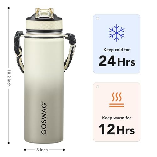 GOSWAG Insulated Sports Water Bottle, 24oz 2 Lids(with Straw/No Straw), Stainless Steel Water Bottles with Paracord Handle, Insulated Bottle with Double-Wall Vacuum Insulation - Image 2