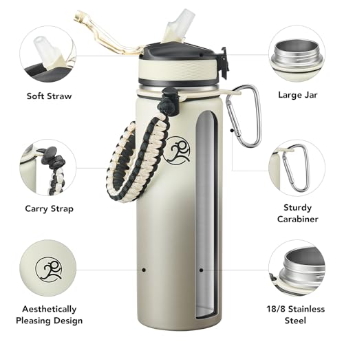 GOSWAG Insulated Sports Water Bottle, 24oz 2 Lids(with Straw/No Straw), Stainless Steel Water Bottles with Paracord Handle, Insulated Bottle with Double-Wall Vacuum Insulation - Image 3