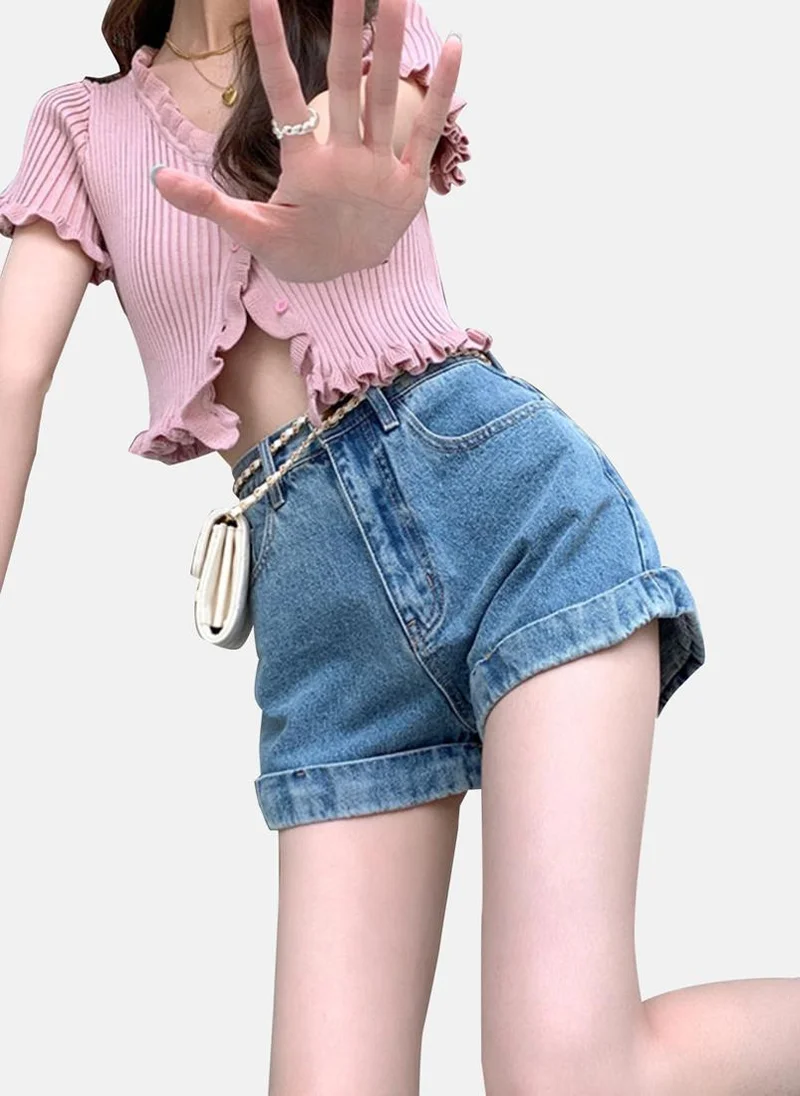 يونيكي Blue Slim Fit Solid Denim Shorts
