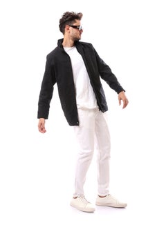 Buttoned Mandarin Collar Polyester Coat_Black