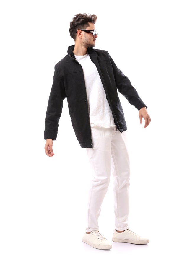 Andora - Buttoned Mandarin Collar Polyester Coat_Black - Image 1