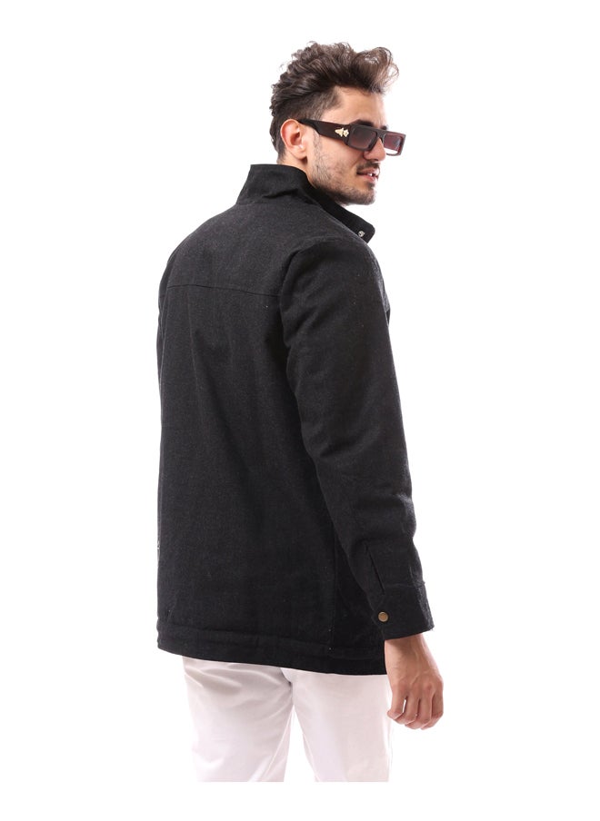 Andora - Buttoned Mandarin Collar Polyester Coat_Black - Image 1