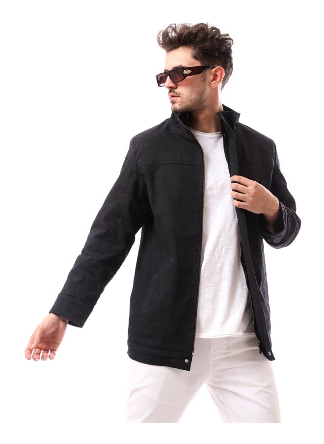 Andora - Buttoned Mandarin Collar Polyester Coat_Black - Image 1