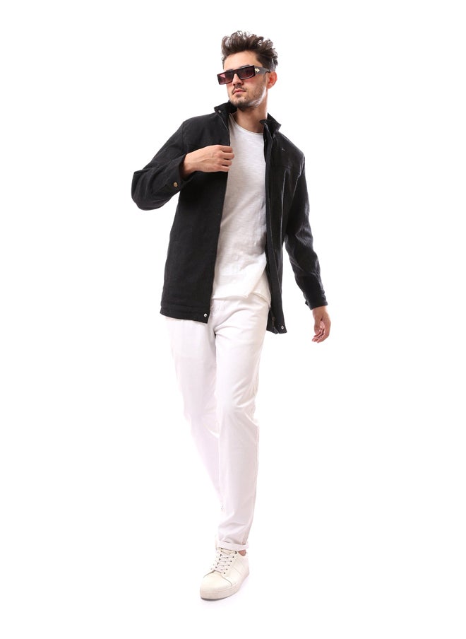 Andora - Buttoned Mandarin Collar Polyester Coat_Black - Image 1