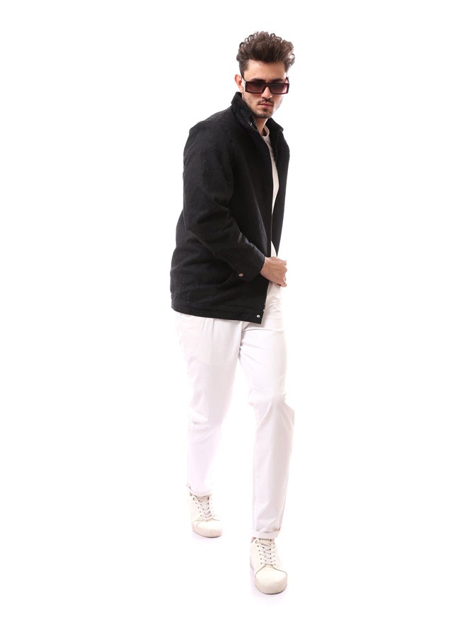Andora - Buttoned Mandarin Collar Polyester Coat_Black - Image 1