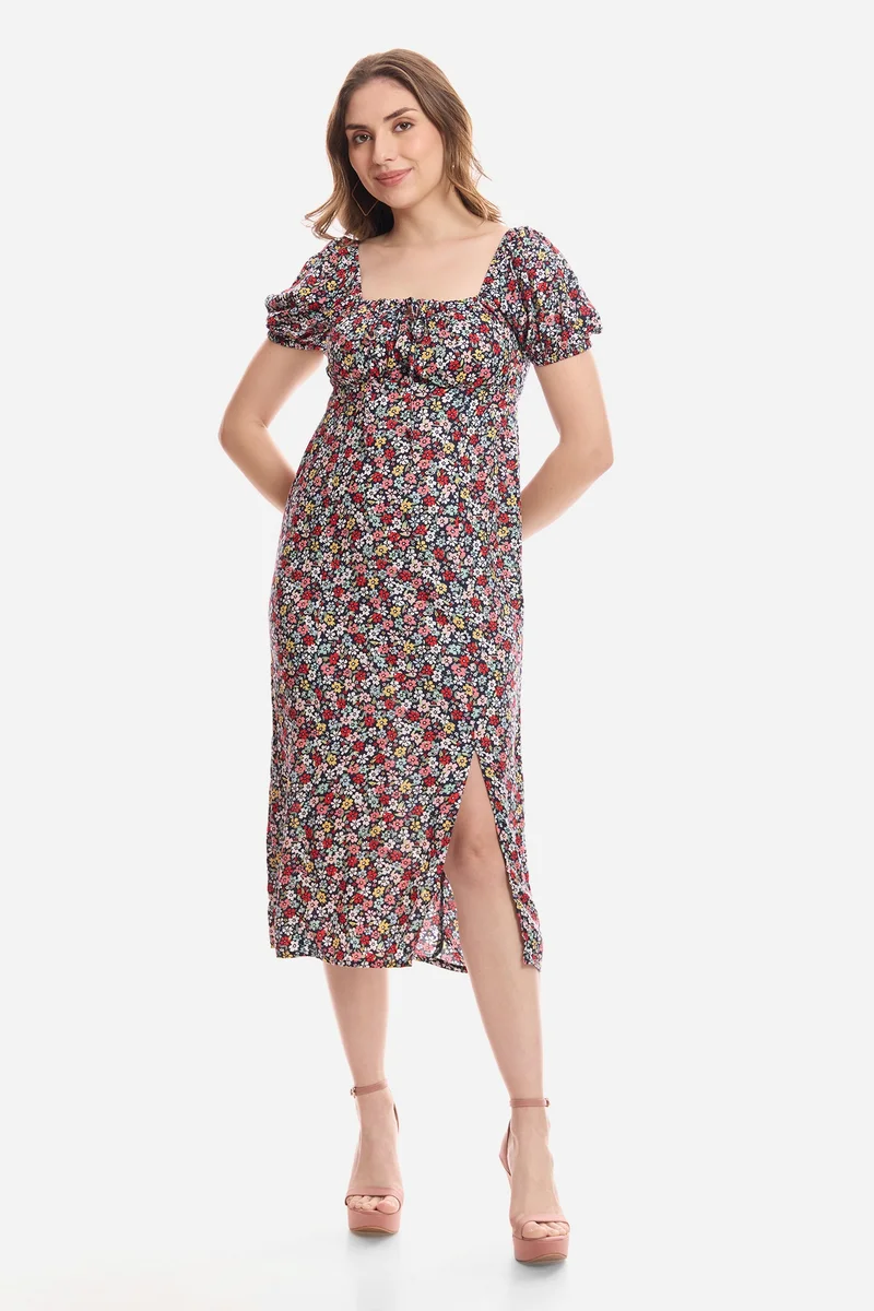 فيرجيو All Over Print Viscose Puff Sleeve Dress for Women