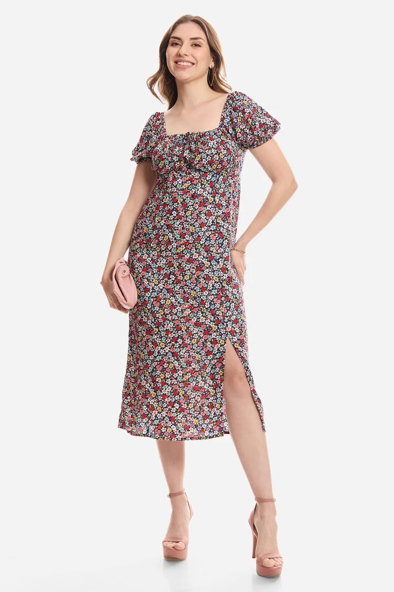 فيرجيو All Over Print Viscose Puff Sleeve Dress for Women