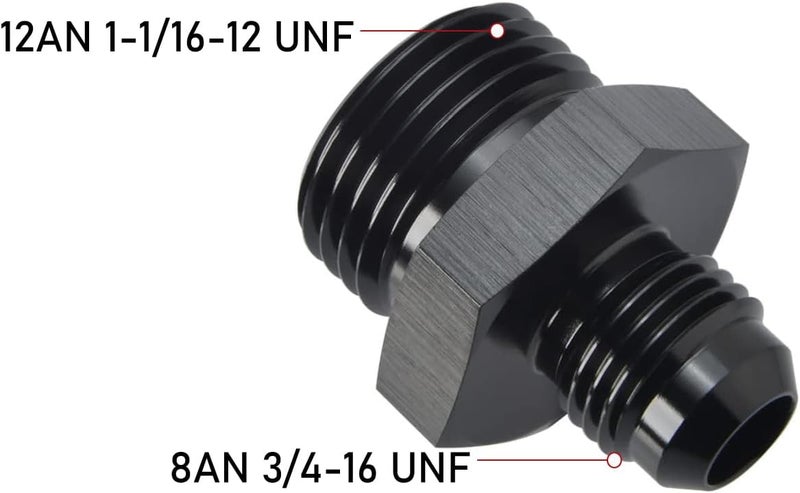 Podavelle 8AN Male Flare to 12AN ORB O-ring Boss Fuel Rail Adapter Fitting - Aluminum Black - Image 2