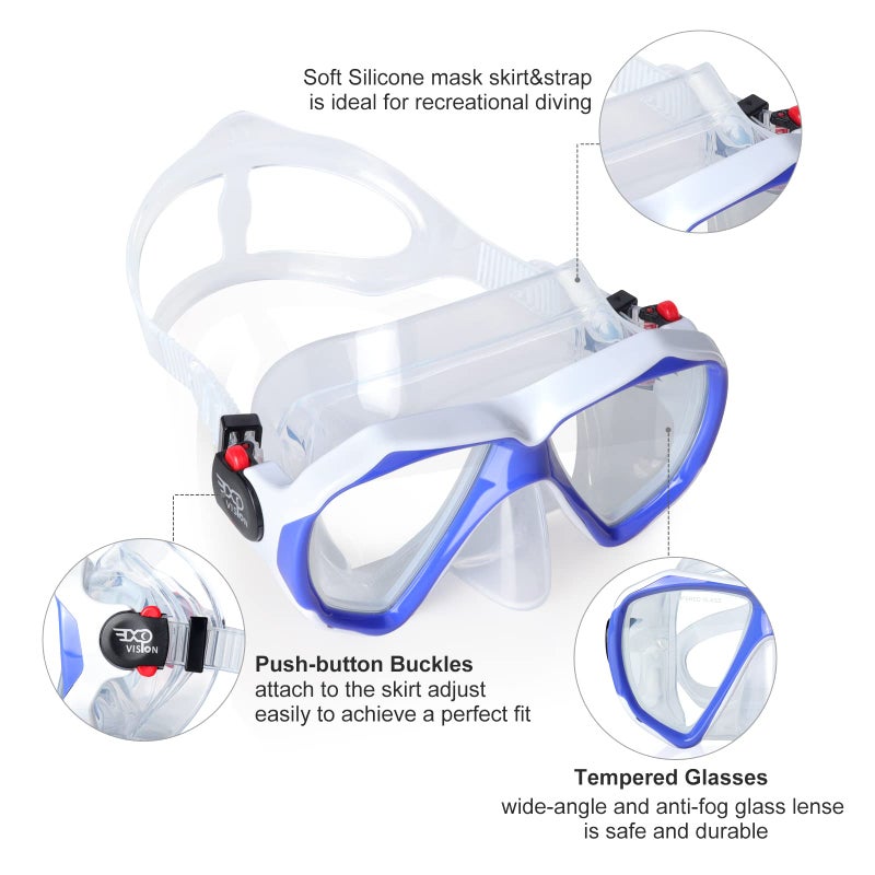 EXP VISION قناع الغوص تحت الماء بانورامي HD، نظارات الغوص المضادة للضباب، قناع زجاجي مقسى للغوص للبالغين والشباب مع غطاء للأنف للغوص، الغطس، السباحة (أزرق ملكي) - Image 2