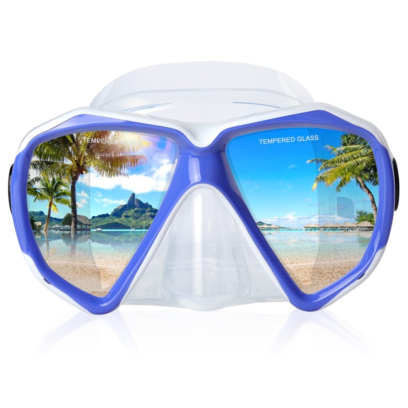 EXP VISION قناع الغوص تحت الماء بانورامي HD، نظارات الغوص المضادة للضباب، قناع زجاجي مقسى للغوص للبالغين والشباب مع غطاء للأنف للغوص، الغطس، السباحة (أزرق ملكي) - Image 1