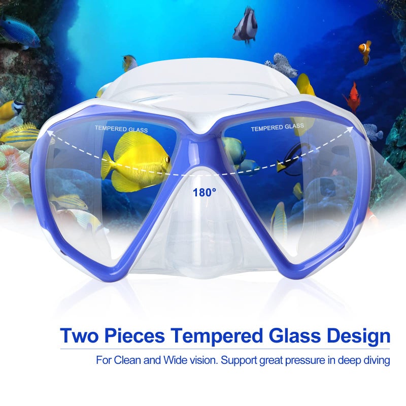 EXP VISION قناع الغوص تحت الماء بانورامي HD، نظارات الغوص المضادة للضباب، قناع زجاجي مقسى للغوص للبالغين والشباب مع غطاء للأنف للغوص، الغطس، السباحة (أزرق ملكي) - Image 3