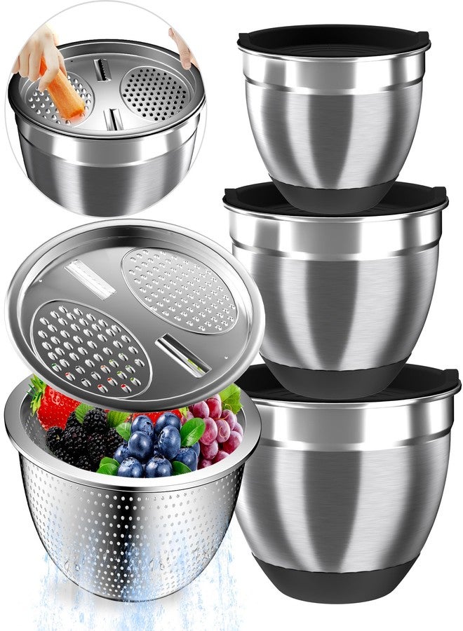 Nicdiet Mixing Bowls with Airtight Lids, Stainless Steel Mixing Bowl Set with 3 Metal Nesting Bowls, Colander & Grater, Non-Slip Bottoms, Size 1.5, 2.5, 5 QT, Great for Mixing & Serving, Black - Image 1