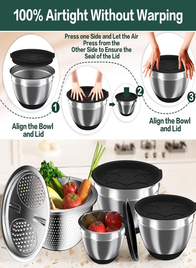 Nicdiet Mixing Bowls with Airtight Lids, Stainless Steel Mixing Bowl Set with 3 Metal Nesting Bowls, Colander & Grater, Non-Slip Bottoms, Size 1.5, 2.5, 5 QT, Great for Mixing & Serving, Black - Image 2